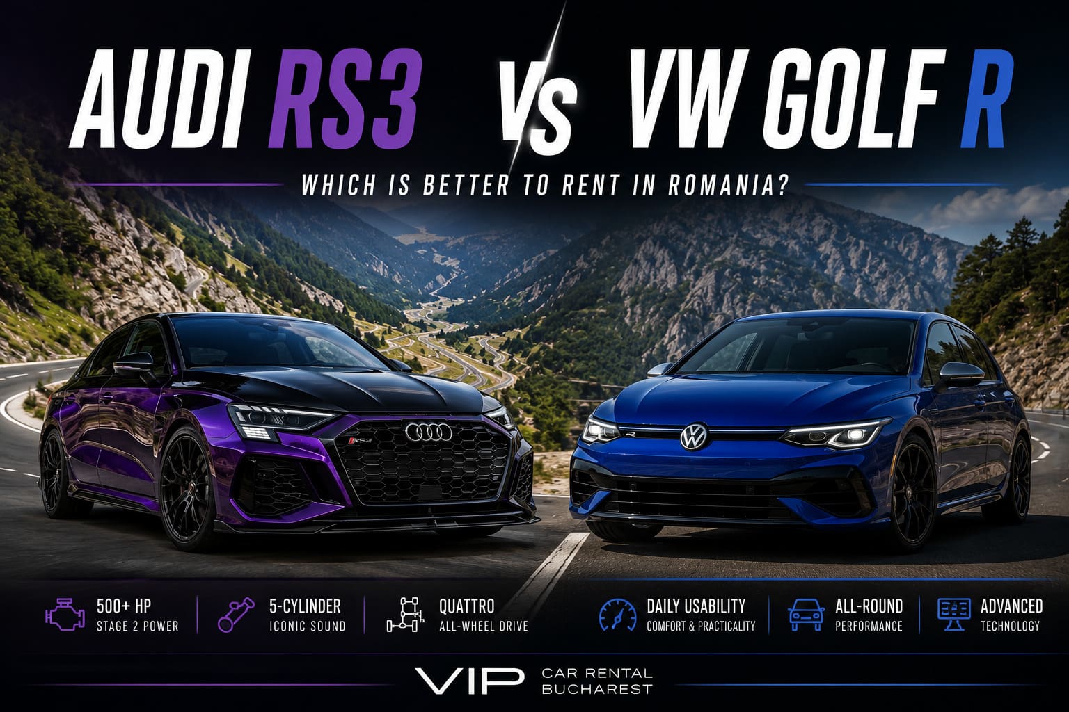 Audi RS3 vs VW Golf R – Which Is Better to Rent in Romania?